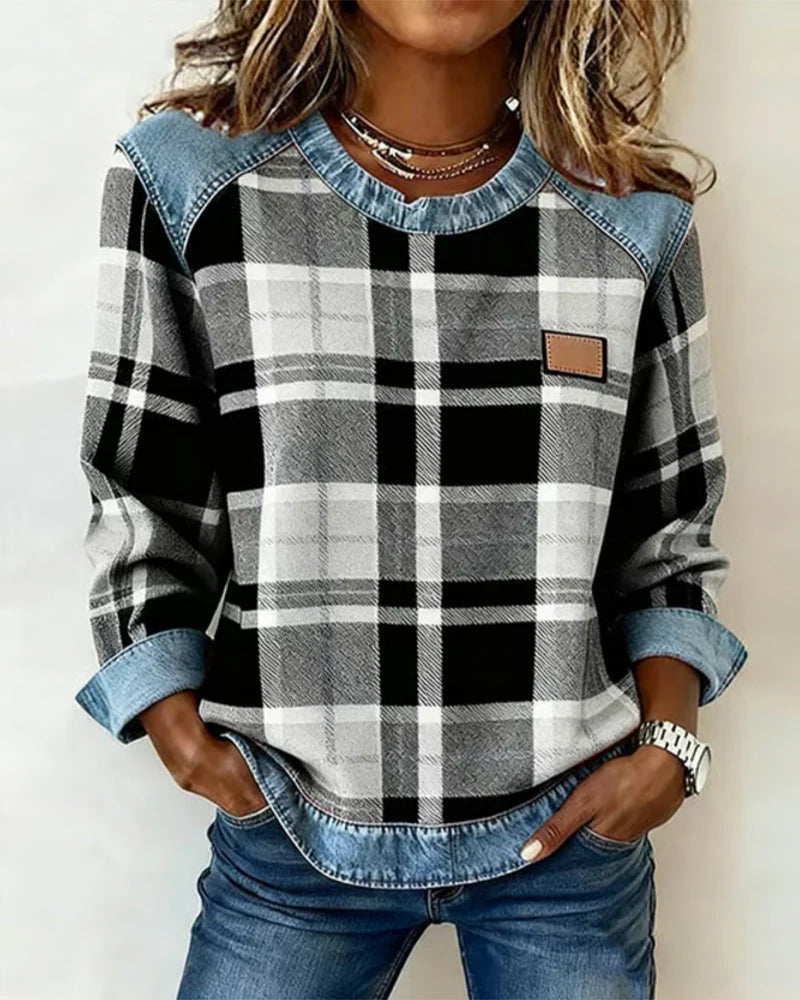 Nowa, luźna bluza damska z denimu w kratę i patchworkowym wzorem, z okrągłym dekoltem