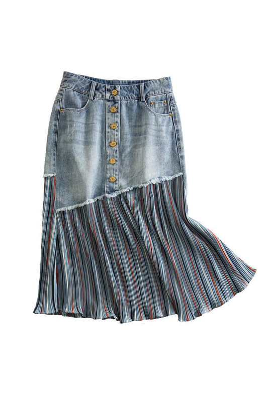 Ta spódnica midi z jeansu z wysokim stanem łączy w sobie siateczkę i jeans, co nadaje jej wyjątkowy, stylowy i elegancki wygląd.