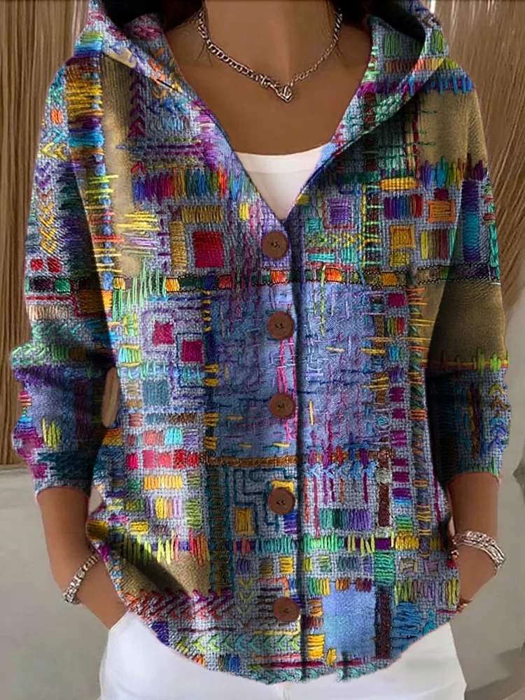 Elegancki i wygodny kolorowy kardigan z kapturem w nieregularnym geometrycznym wzorze, idealny do noszenia na co dzień
