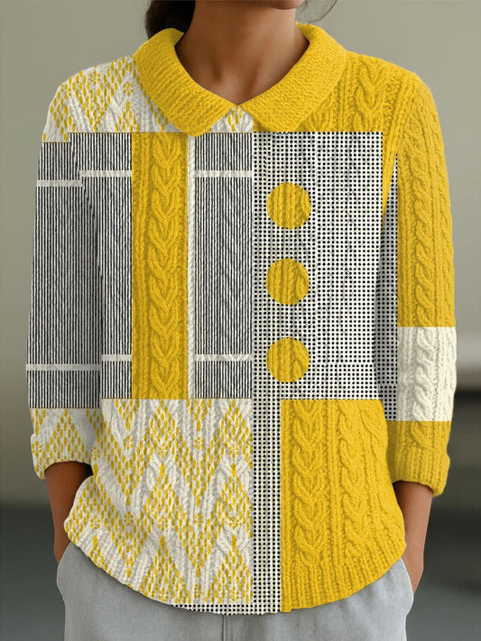 Elegancki, wygodny i miękki sweter w kontrastowej żółto-szarej kolorystyce, ozdobiony geometrycznymi wzorami.