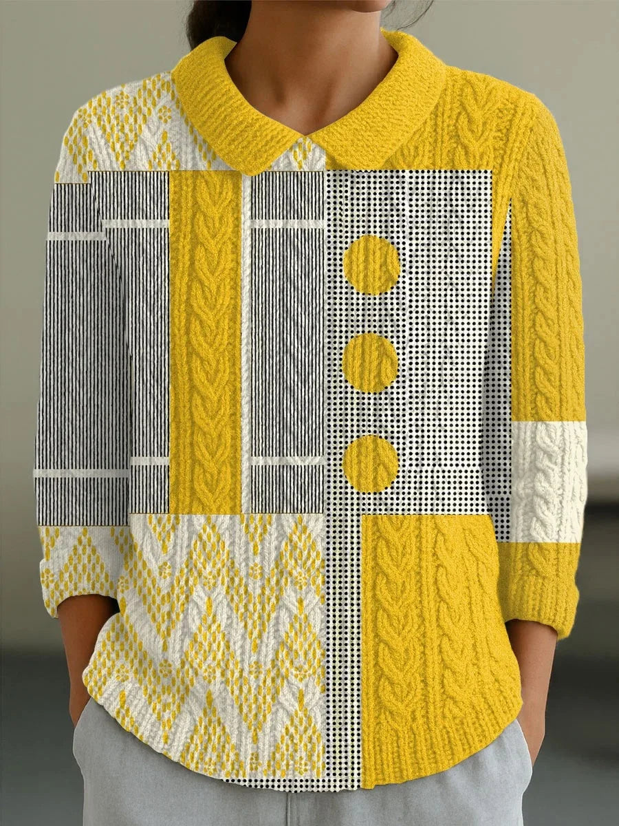 Elegancki, wygodny i miękki sweter w kontrastowej żółto-szarej kolorystyce, ozdobiony geometrycznymi wzorami.