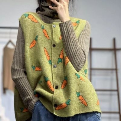 Luźny i uniwersalny sweter bez rękawów w kolorze zielonej matcha z uroczym nadrukiem marchewki.