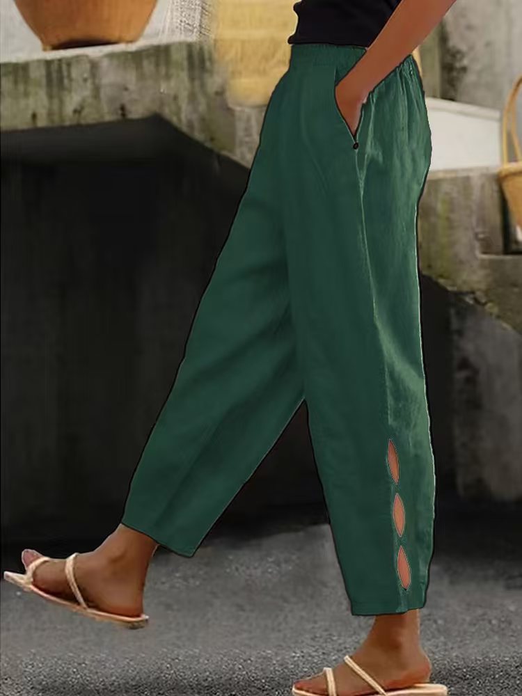 Nowe spodnie damskie, bawełniane i lniane, w jednolitym kolorze, modne, codzienne, w stylu casual, z kieszeniami bocznymi.