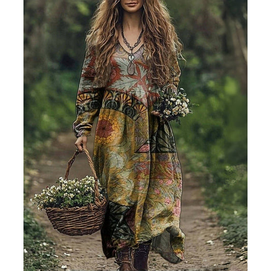 Sukienka z bawełny w stylu boho z nadrukiem w etnicznym stylu, z kieszeniami i dekoltem w kształcie litery V