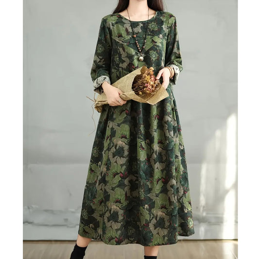Elegancka sukienka bawełniana z długim rękawem i nadrukiem w stylu vintage
