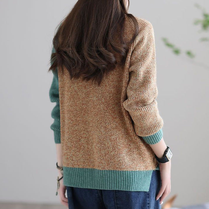 Damski sweter z golfem z kaszmiru w stylu retro, z blokami kolorów, uniwersalny, ciepły i wygodny.
