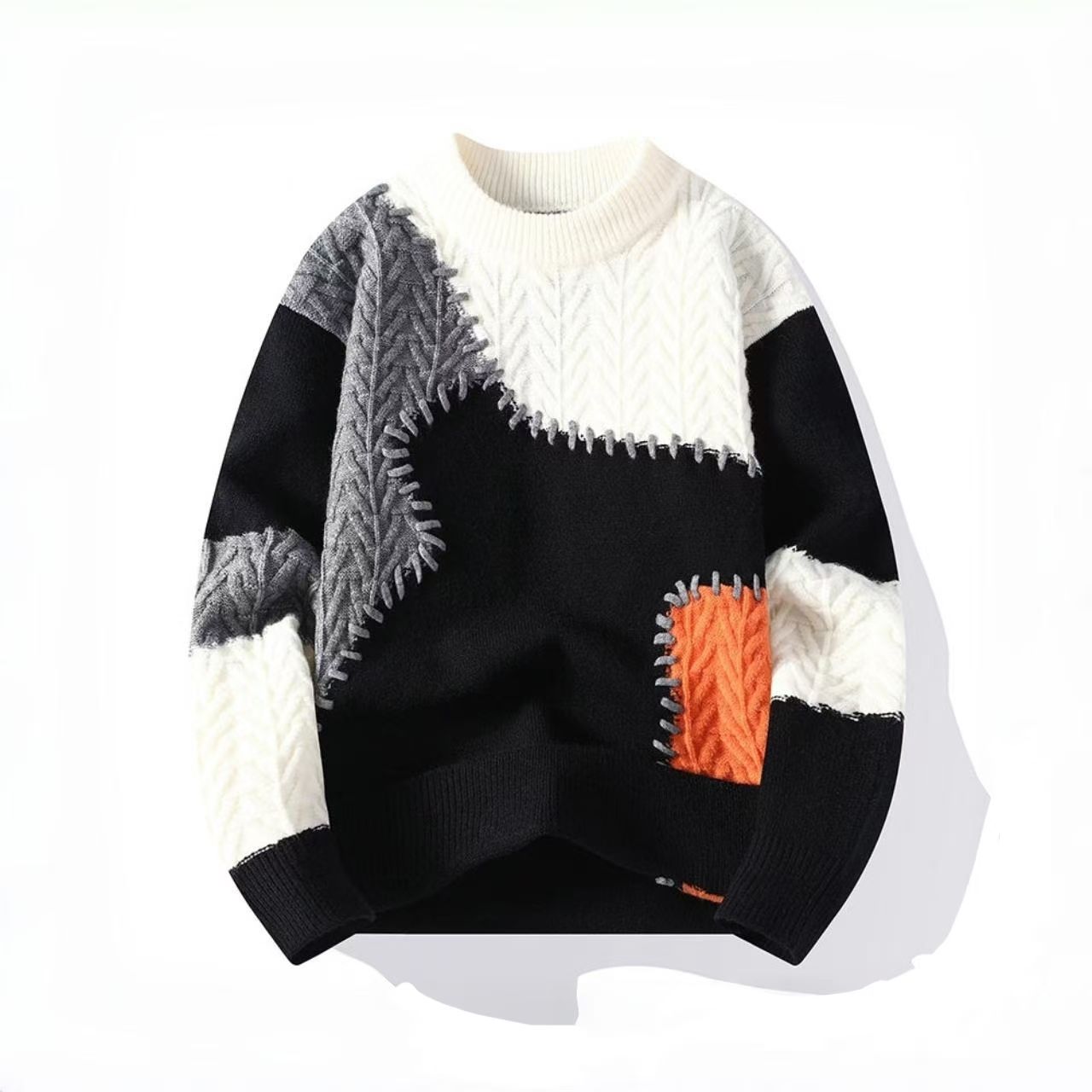 Męski sweter na jesień/zimę, wielokolorowy, patchworkowy, z blokami kolorów, ciepły i wygodny.