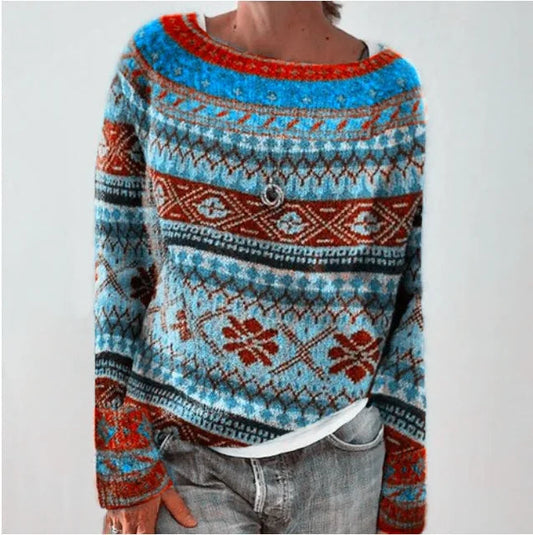 Sweter pulowerowy w stylu retro z okrągłym dekoltem