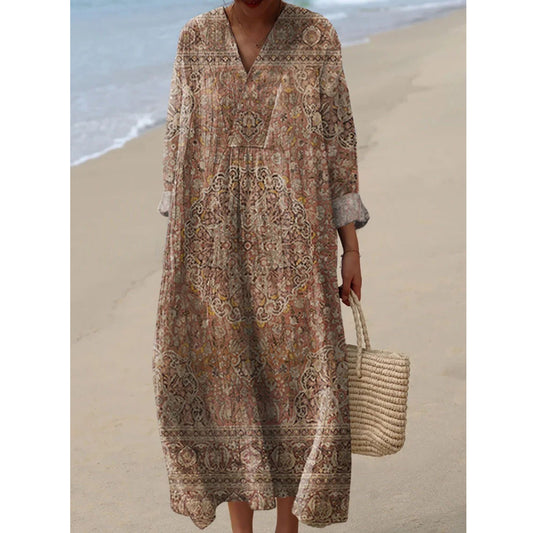 Elegancka brązowa sukienka boho z nadrukiem w stylu vintage i dekoltem w serek