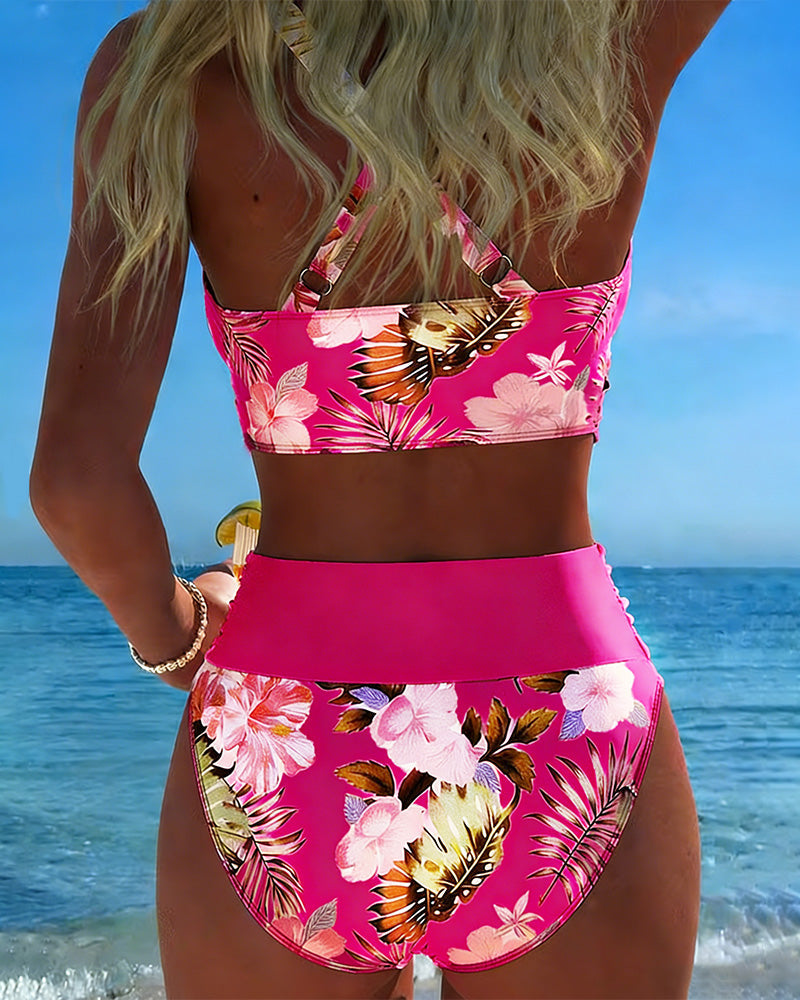 Dwuczęściowe bikini damskie z seksownym i świeżym kwiatowym nadrukiem.