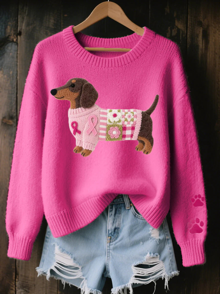 Elegancki i wygodny sweter w jednolitym kolorze z okrągłym dekoltem, ozdobiony nadrukiem przedstawiającym jamnika, miękki w dotyku, ciepły i wygodny.