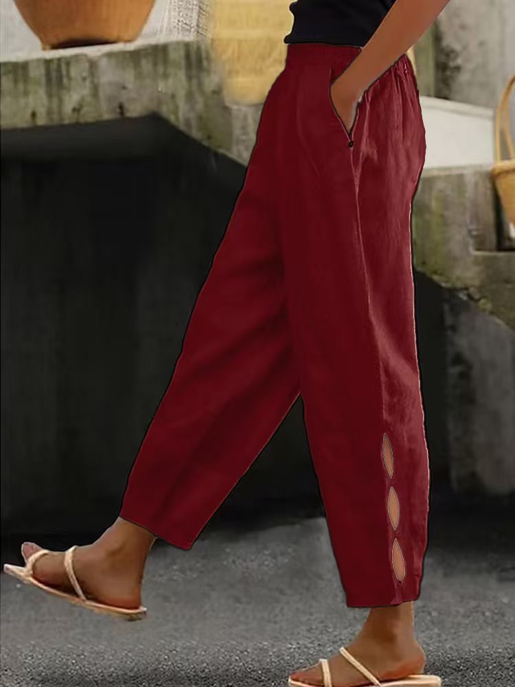 Nowe spodnie damskie, bawełniane i lniane, w jednolitym kolorze, modne, codzienne, w stylu casual, z kieszeniami bocznymi.
