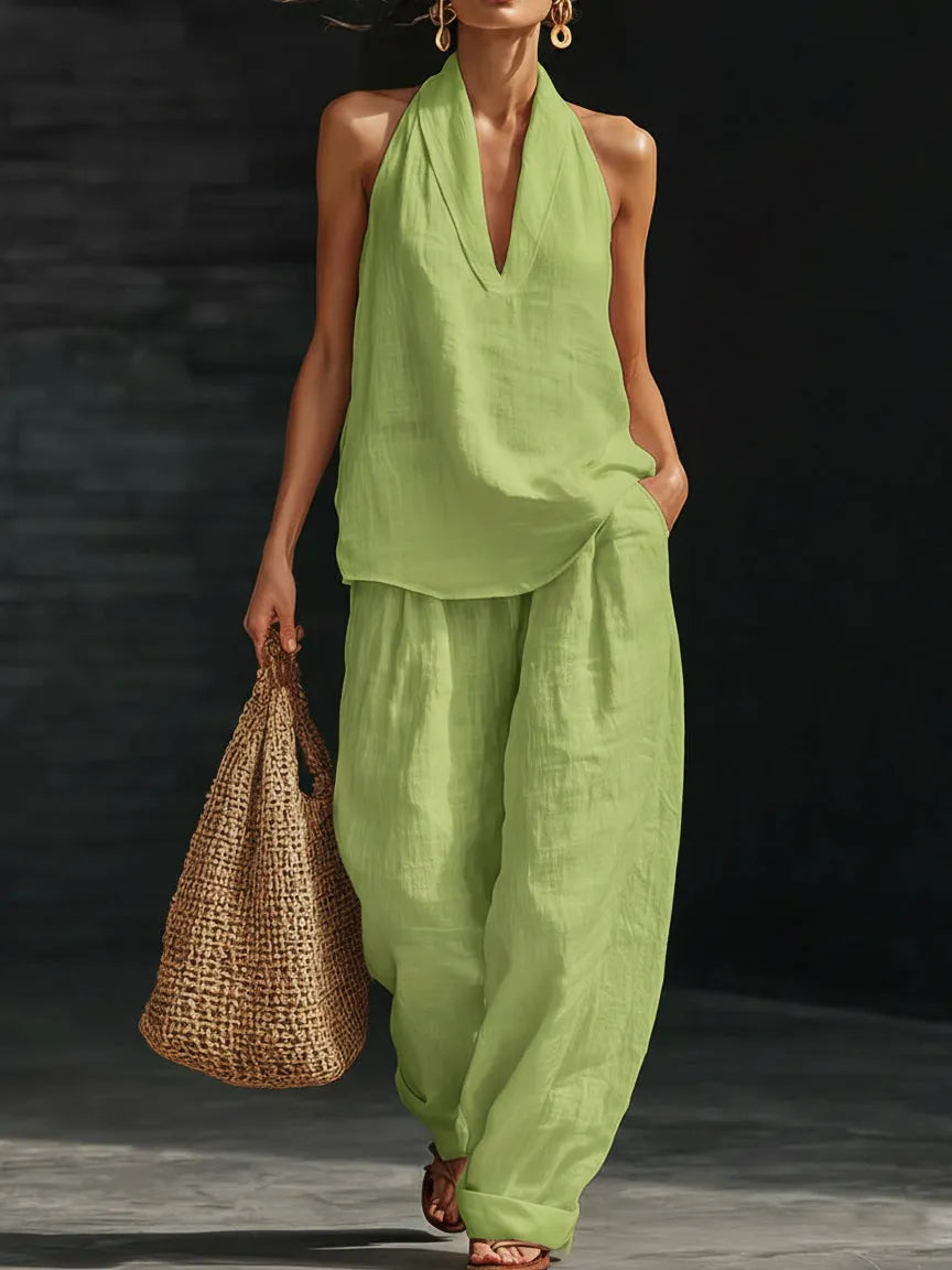 Ten dwuczęściowy zestaw casualowy dla kobiet zawiera stylową koszulę-kamizelkę z dekoltem w serek, idealną na wiosenne wakacje i podróże — casualowy, a zarazem modny.