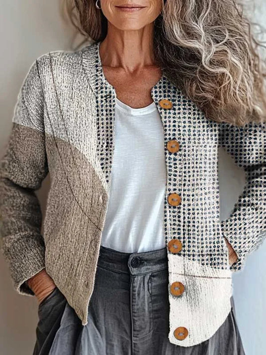 Elegancki i wygodny, luźny sweter kardigan w kolorze szaro-brązowym