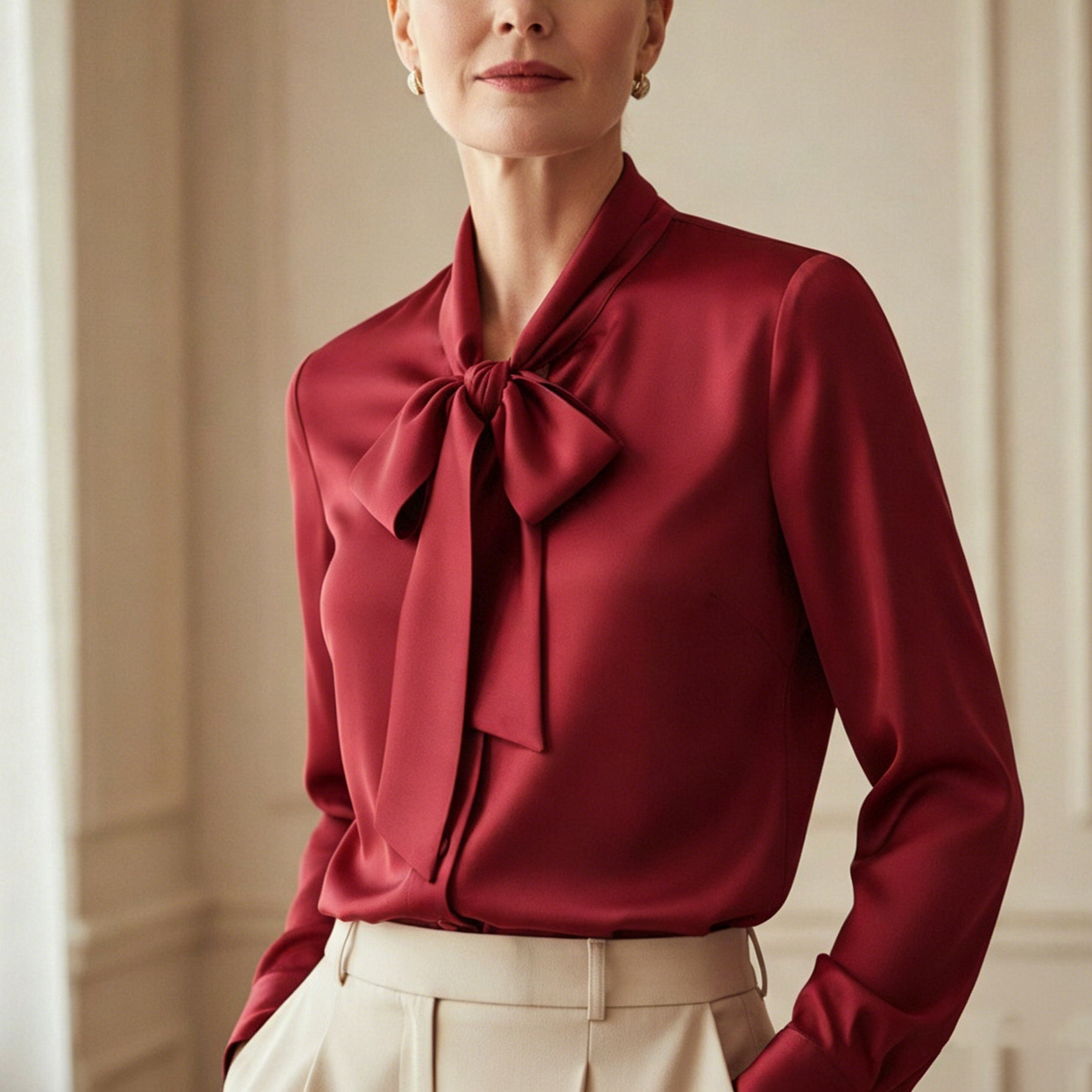 Koszula jednorzędowa casualowa z muszką, elegancka, jednokolorowa, z długim rękawem, stylowa i młodzieżowa