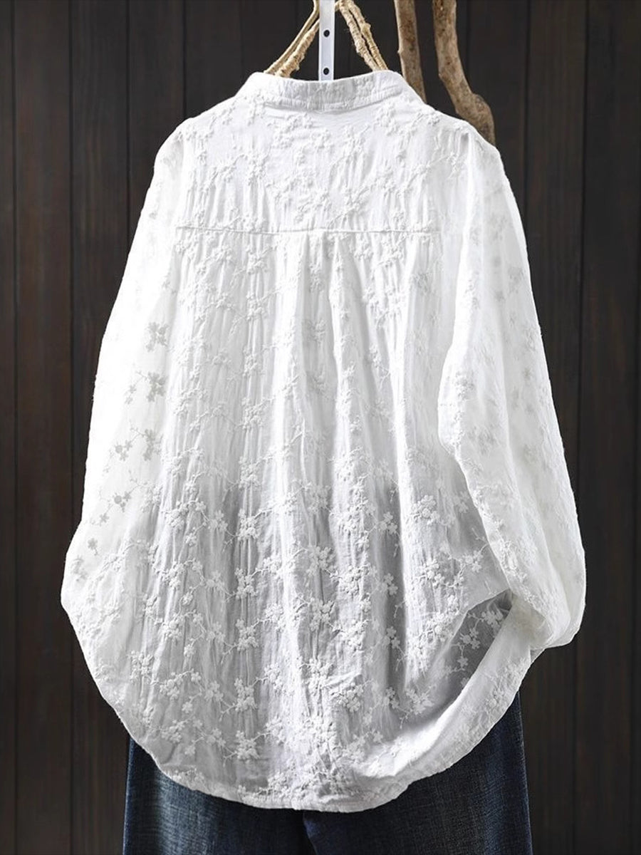 Damska, słodka i uniwersalna, biała koszula z długim rękawem, zapinana na guziki, z haftowanym wzorem i stójką