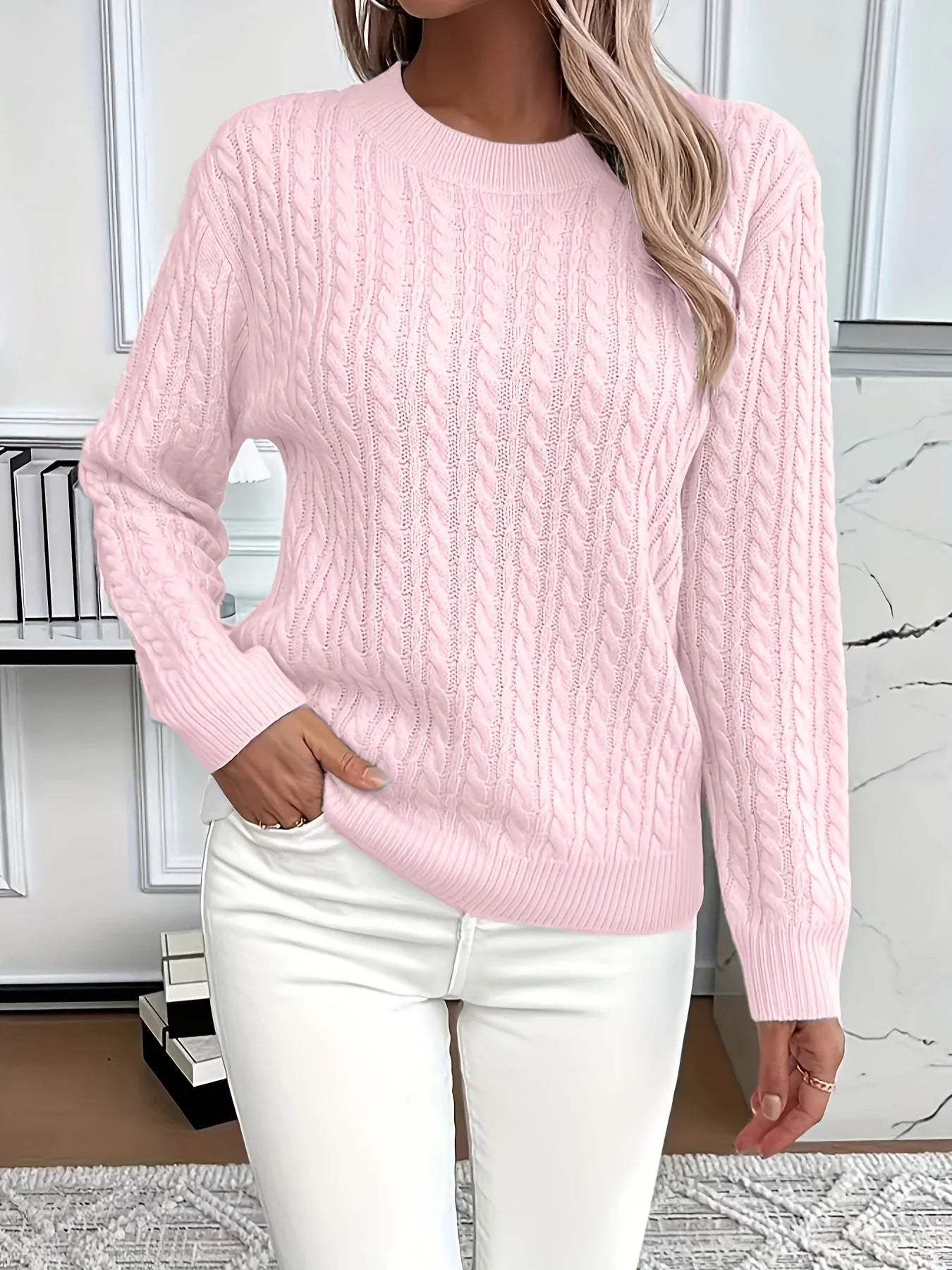 Sweter w stylu retro ze wzorem warkoczowym, okrągłym dekoltem, długimi rękawami, wygodny i uniwersalny.