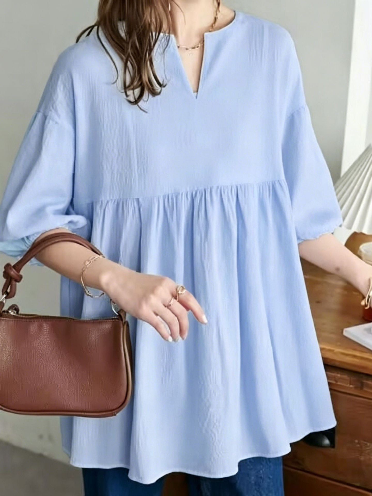 Damski top w jednolitym kolorze, plus-size, rękawy 3/4, luźny krój