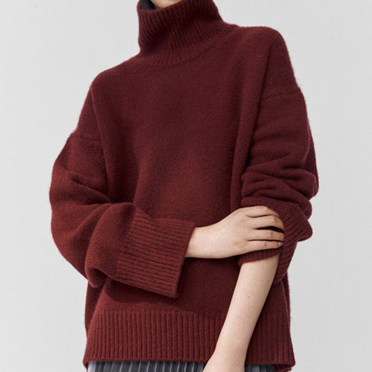 Damski luźny i elegancki sweter z półgolfem, w jednolitym kolorze, na co dzień