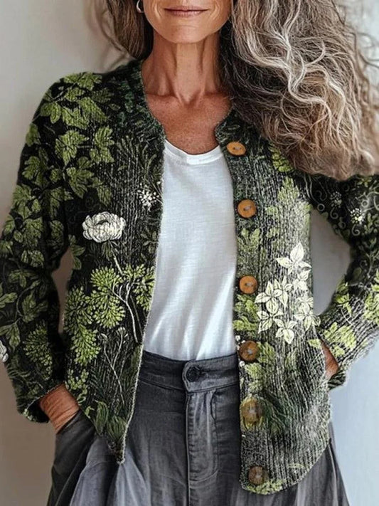 Elegancki i wygodny sweter kardigan w kolorze zielonym z kwiatowym wzorem