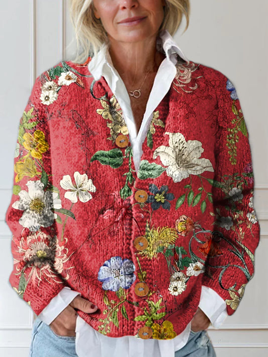 Elegancki i wygodny sweter kardigan w kolorze czerwonym z kwiatowym wzorem