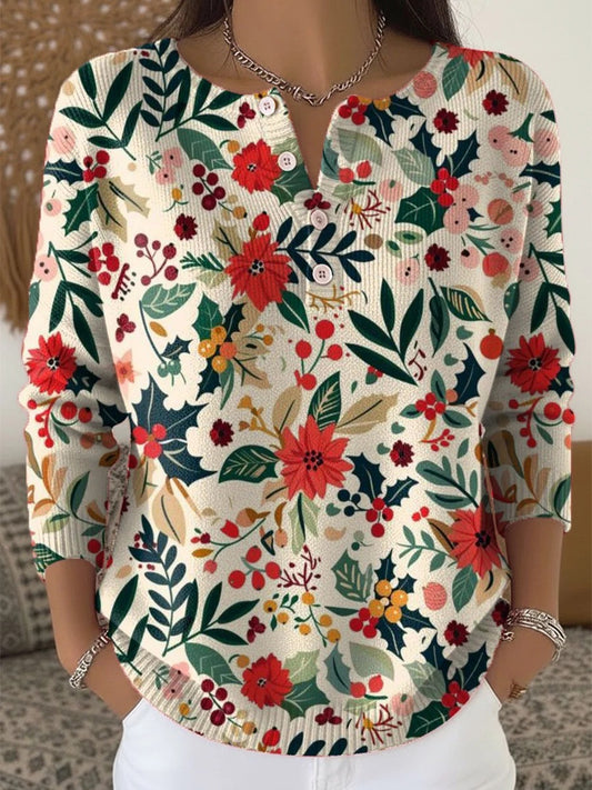 Elegancki i wygodny sweterek z ładnym kwiatowym wzorem i guzikami przy dekolcie