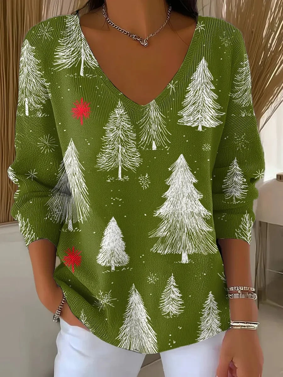 Elegancki i wygodny sweter z długim rękawem w kolorze zielonej matcha, ozdobiony wzorem cedrowym i dekoltem w serek.