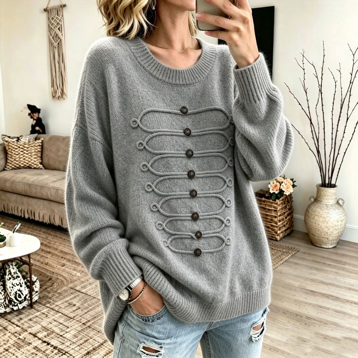 Wygodny, miękki w dotyku sweter z okrągłym dekoltem ozdobiony trójwymiarowym wzorem przypominającym spiralną linę, który jest jednocześnie stylowy i swobodny.