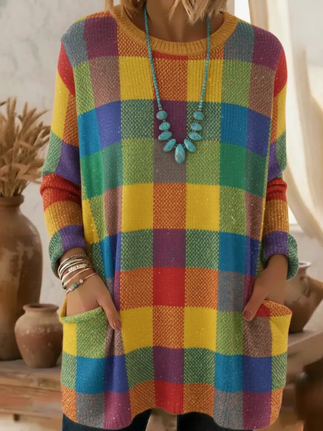 Elegancki i wygodny sweter z kaszmiru w kolorową kratę, z okrągłym dekoltem i kieszeniami.