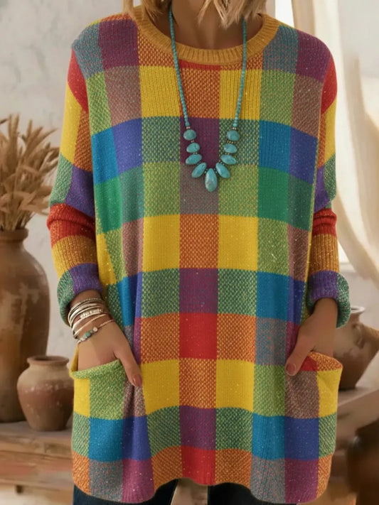 Elegancki i wygodny sweter z kaszmiru w kolorową kratę, z okrągłym dekoltem i kieszeniami.