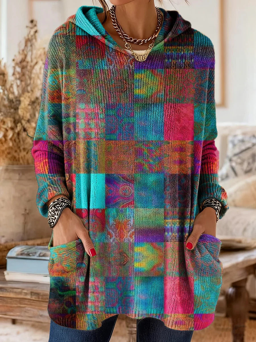 Elegancki i wygodny sweter z kaszmiru w kolorową kratę z kwiatowym nadrukiem, z kapturem i kieszeniami.