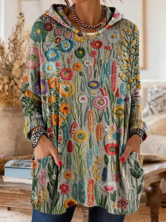 Elegancki i wygodny sweter kaszmirowy ozdobiony kwiatowym nadrukiem, z kapturem i kieszeniami.