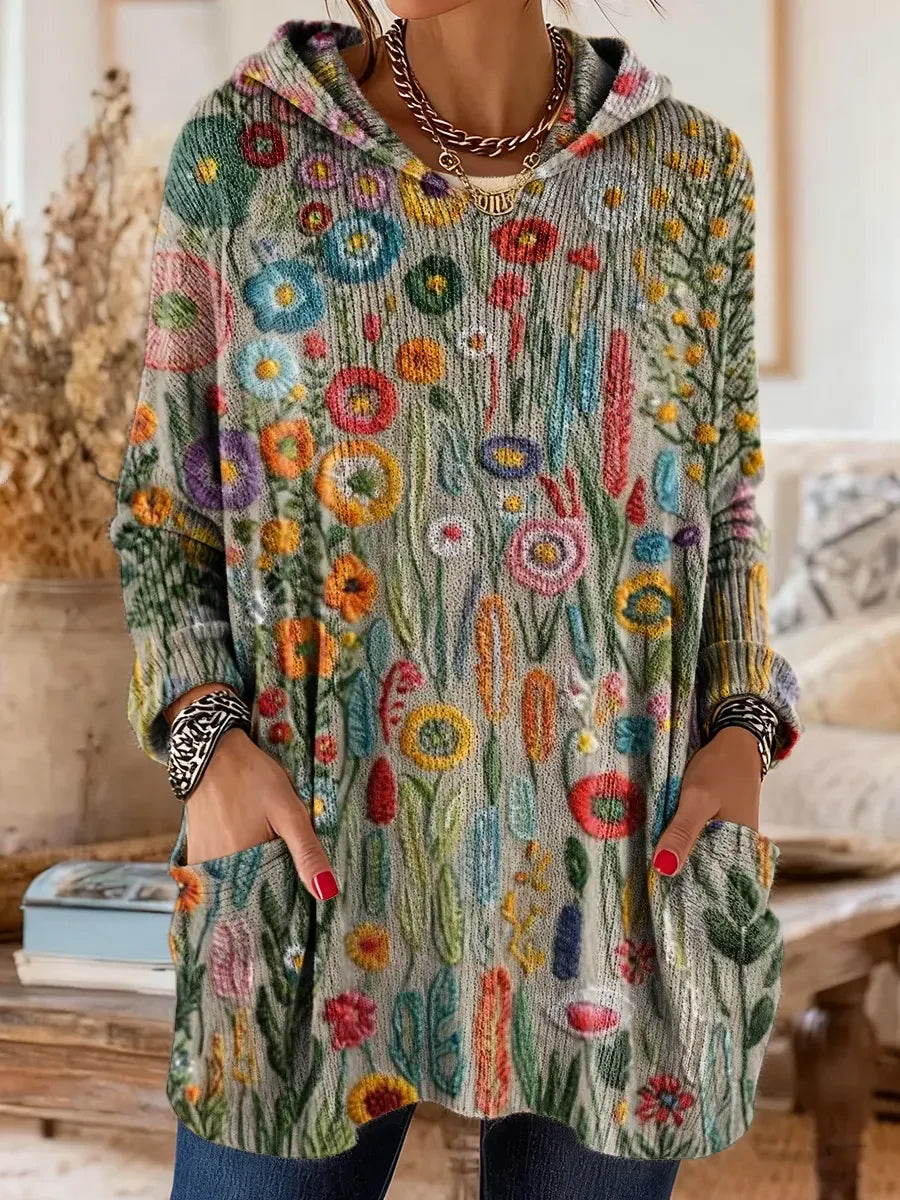 Elegancki i wygodny sweter kaszmirowy ozdobiony kwiatowym nadrukiem, z kapturem i kieszeniami.