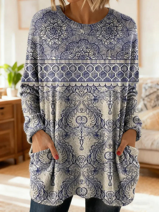 Elegancki i wygodny sweterek kaszmirowy ze wzorem w fioletowe kwiaty, z okrągłym dekoltem i kieszeniami.