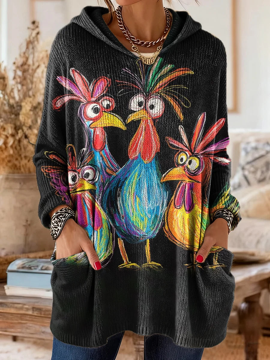 Elegancki i wygodny czarny sweter kaszmirowy ozdobiony kolorowym nadrukiem przedstawiającym indyka z kreskówki, z kapturem i kieszeniami.