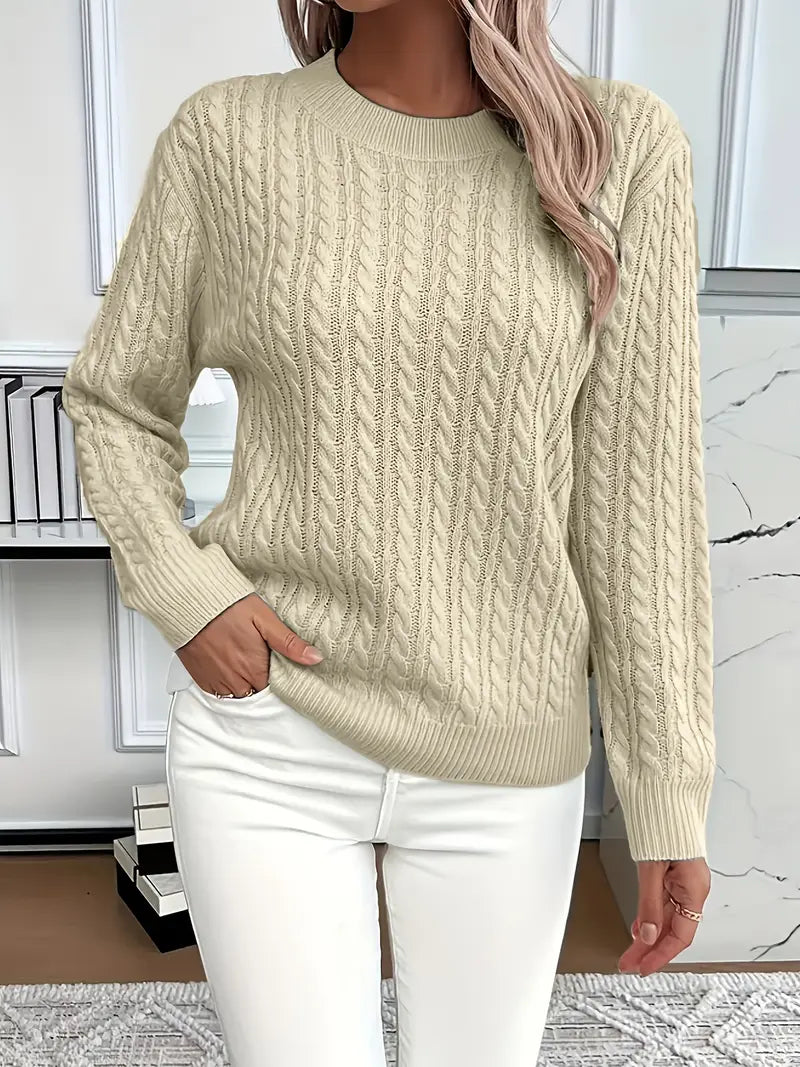 Sweter w stylu retro ze wzorem warkoczowym, okrągłym dekoltem, długimi rękawami, wygodny i uniwersalny.