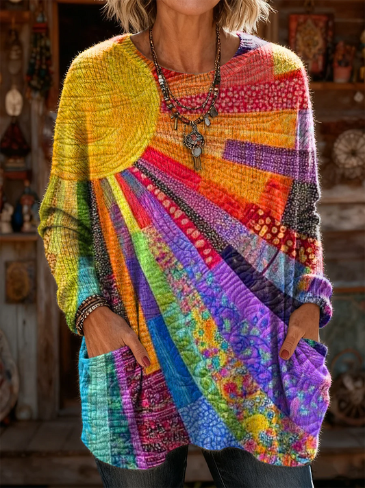 Elegancki i wygodny sweter kaszmirowy z kolorowym nadrukiem w paski, okrągłym dekoltem i kieszeniami.