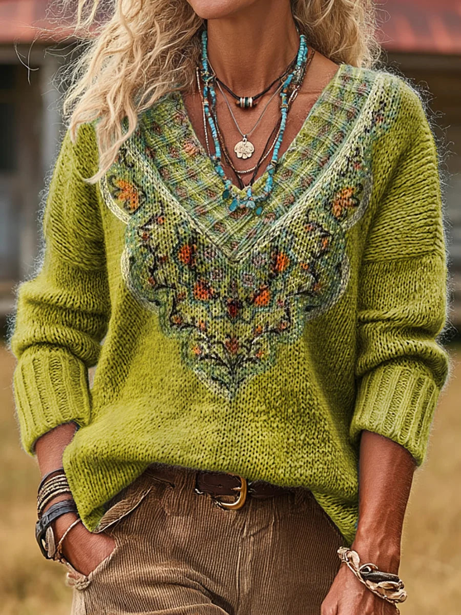 Ten elegancki i wygodny sweter z długim rękawem w kolorze zielonej matcha ma dekolt w serek i jest ozdobiony prostym kwiatowym wzorem.
