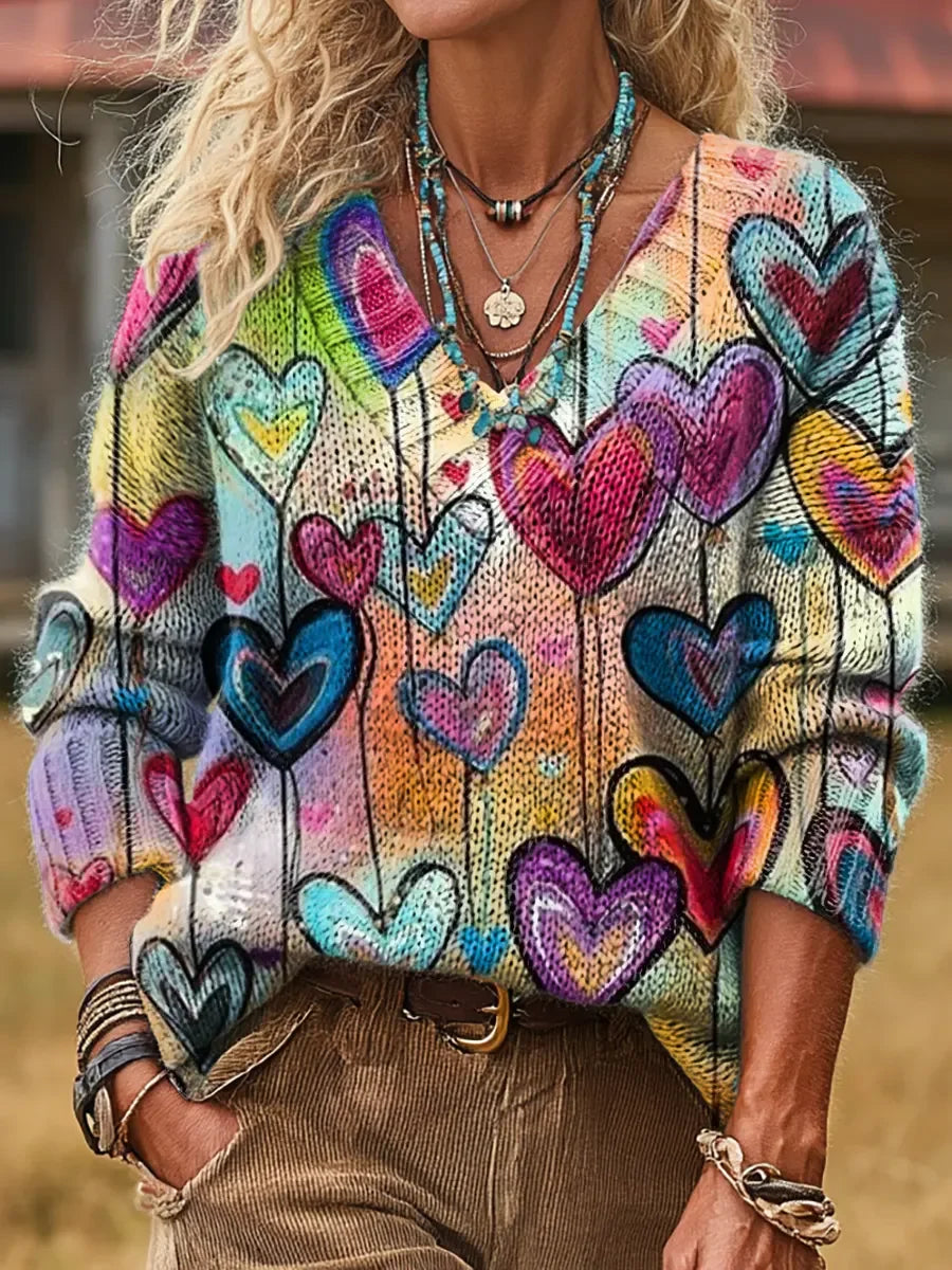 Elegancki i wygodny sweter z długim rękawem i dekoltem w serek, ozdobiony kolorowym nadrukiem w serca.