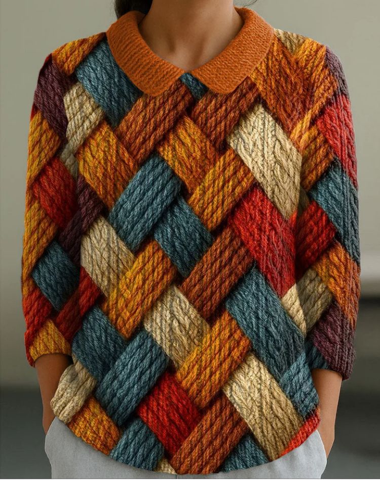 Elegancki i wygodny sweter z kołnierzykiem, kolorowym, skośnym wzorem w kratę, miękki w dotyku.