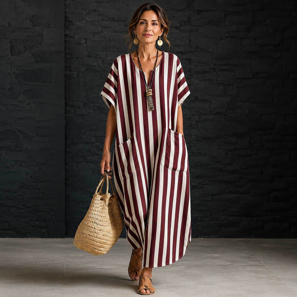 Nowa luźna sukienka z paskami w kolorze V, elegancki styl casual