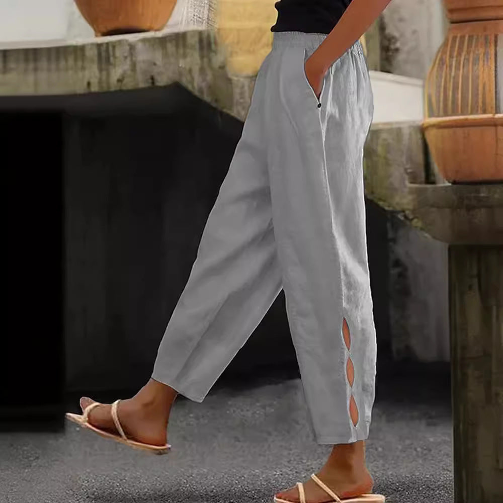 Nowe spodnie damskie, bawełniane i lniane, w jednolitym kolorze, modne, codzienne, w stylu casual, z kieszeniami bocznymi.