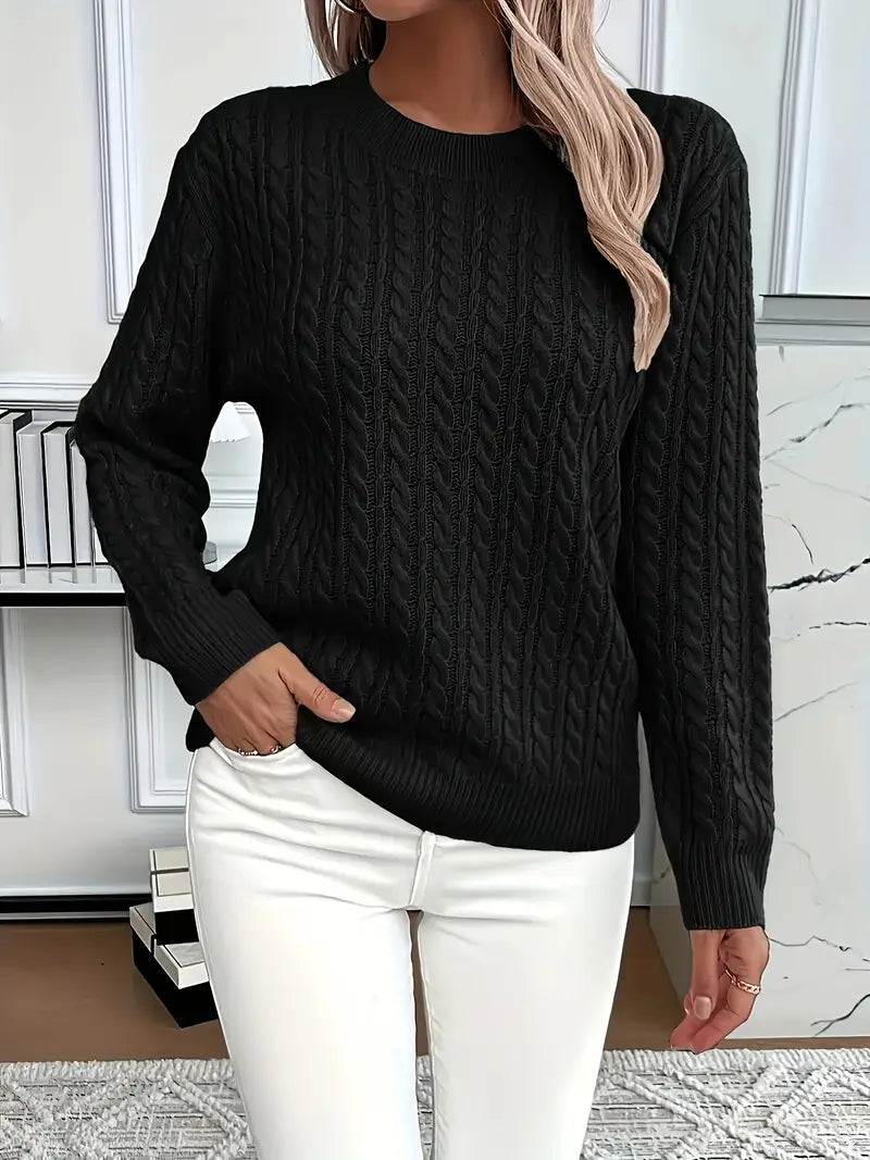 Sweter w stylu retro ze wzorem warkoczowym, okrągłym dekoltem, długimi rękawami, wygodny i uniwersalny.