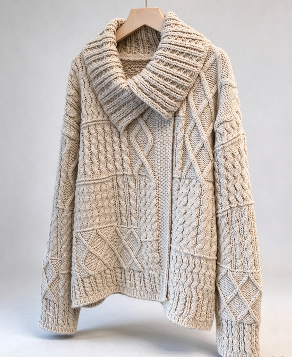 Ten luźny, gruby kardigan o splocie warkoczowym ma luźny kołnierz i miękki, elegancki design.