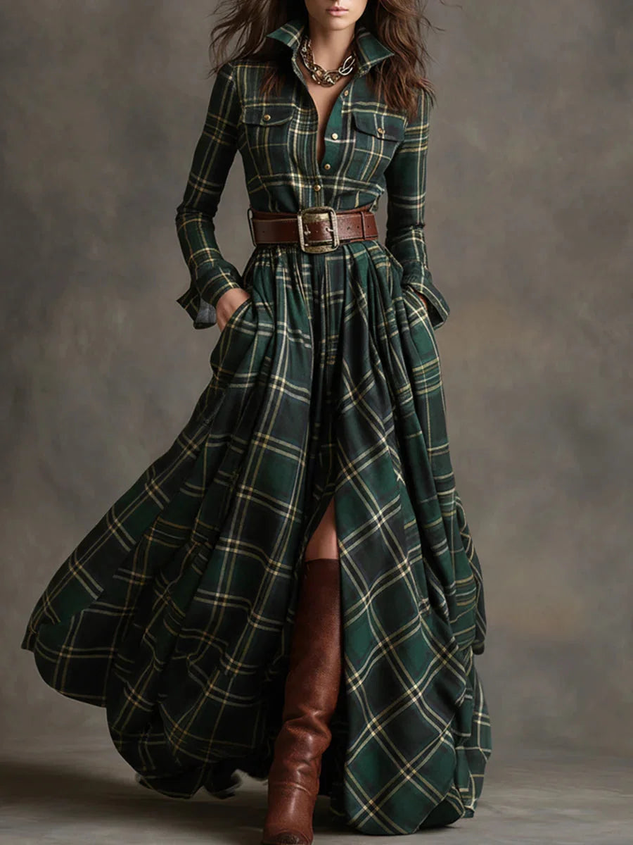 Elegancka i wygodna, francuska sukienka w kratę w stylu vintage z kołnierzykiem i szeroką spódnicą.