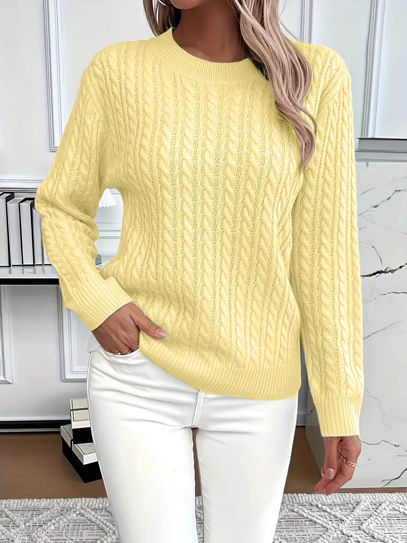 Sweter w stylu retro ze wzorem warkoczowym, okrągłym dekoltem, długimi rękawami, wygodny i uniwersalny.