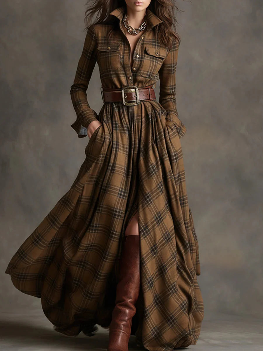 Elegancka i wygodna, francuska sukienka w kratę w stylu vintage z kołnierzykiem i szeroką spódnicą.
