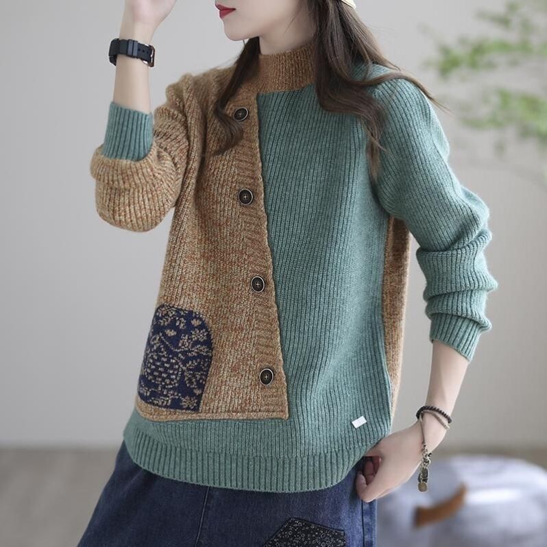 Damski sweter z golfem z kaszmiru w stylu retro, z blokami kolorów, uniwersalny, ciepły i wygodny.