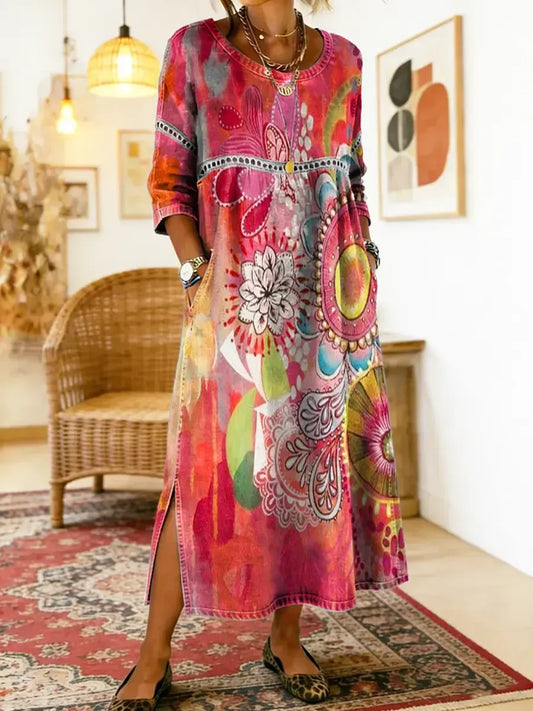 Ta elegancka i wygodna czerwona sukienka wyróżnia się kwiatowym nadrukiem i swobodnym stylem, dzięki czemu nadaje się do noszenia na co dzień.