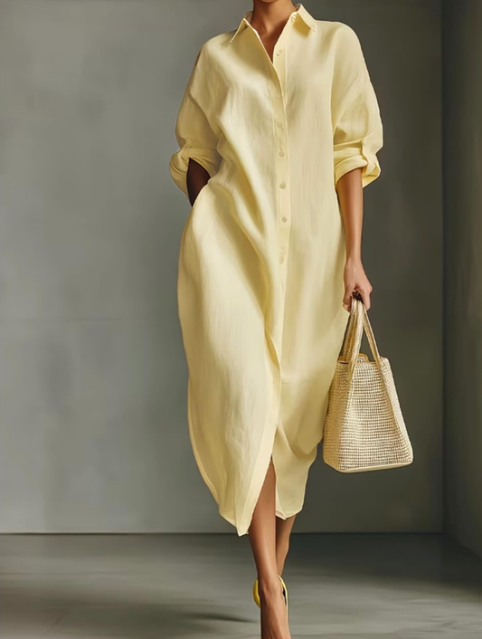 Elegancka i wygodna, ta jasnożółta długa sukienka koszulowa jest swobodna i uniwersalna.